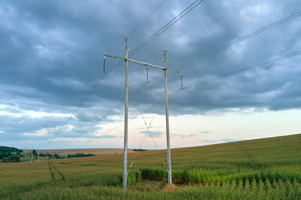 istock High voltage tower with electric power lines between green agricultural fields. Transfer of electricity concept. 1349809581