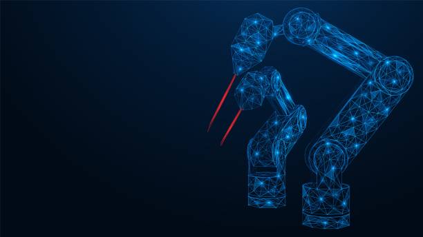 Robotic industrial laser. Robotic industrial laser. A low-poly construction of interconnected lines and dots. Blue background. human arm stock illustrations