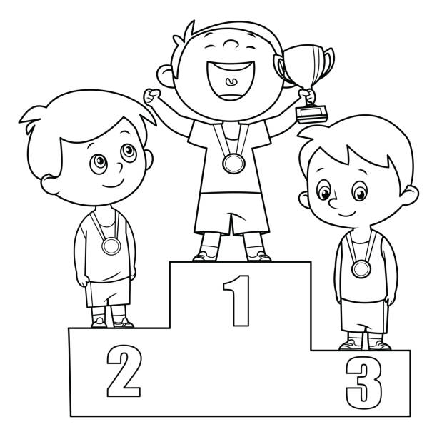 ilustrações, clipart, desenhos animados e ícones de preto e branco, crianças em pé em um pódio vencedor - medal winners podium second place first place