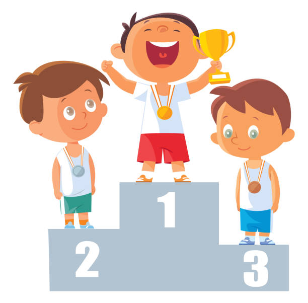 ilustraciones, imágenes clip art, dibujos animados e iconos de stock de niños de pie en un podio de ganadores - podium winning pedestal success