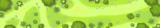 Beautiful green summer landscape with trees. View from above. Illustration in a flat style. Scenarios from above. Cartoon design. Vector.