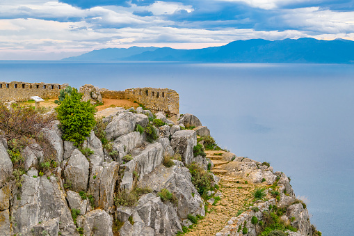 Aerial view from palamidi fort of peloponnese landscape, nafplion, greece