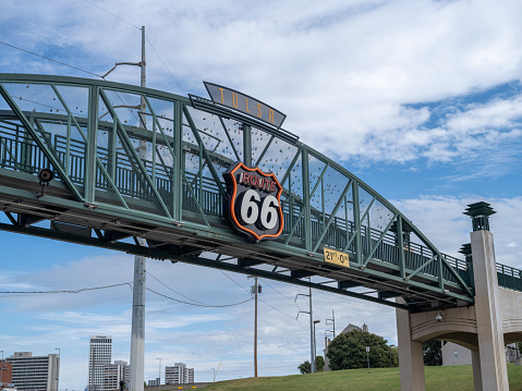 Tulsa, Oklahoma USA - October 22, 2021: Iconic famous bridge over Route 66 in Tulsa.