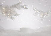3D podium display, white Christmas background for product presentation or text.  Christmas lights with snow and pedestal showcase with Christmas tree. Studio abstract, winter 3D render.