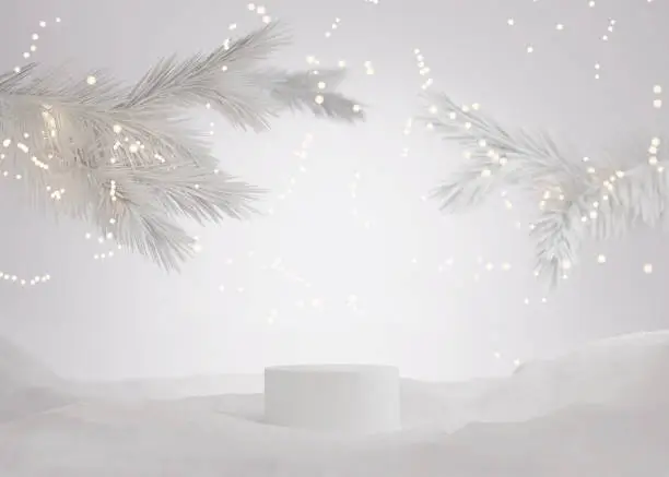 Photo of 3D podium display, white Christmas background for product presentation or text.  Christmas lights with snow and pedestal showcase with Christmas tree. Studio abstract, winter 3D render.