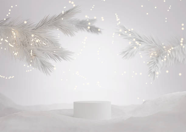 display de pódio 3d, fundo de natal branco para apresentação do produto ou texto.  luzes de natal com neve e vitrine de pedestal com árvore de natal. resumo do estúdio, renderização 3d de inverno. - christmas copy space sparse simplicity - fotografias e filmes do acervo