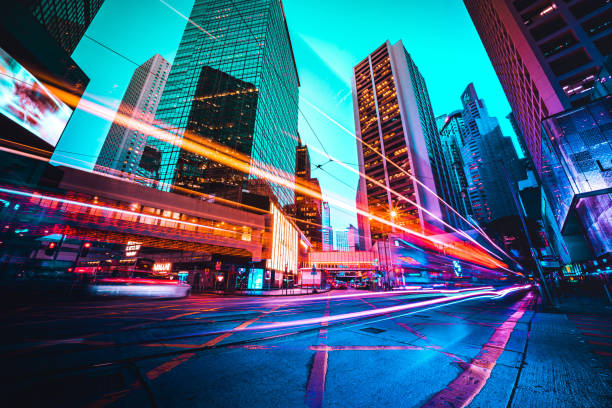 istock Traffic trails in Financial District 1349821578