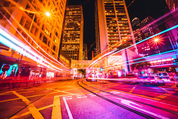 istock Traffic trails in Financial District 1349821640