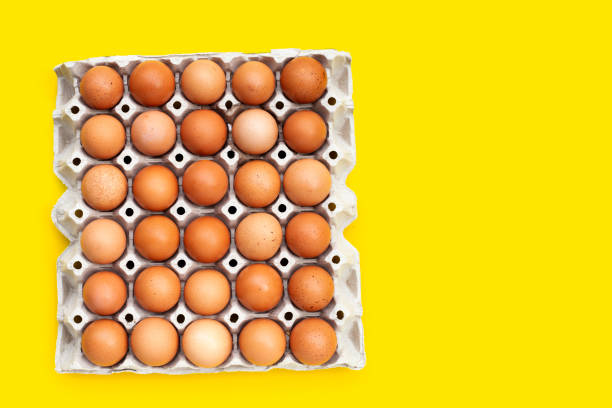 istock Chicken eggs in paper egg crate on yellow background. Copy space 1349823626
