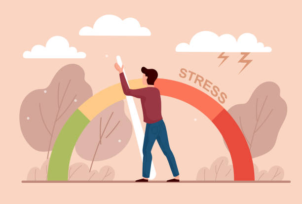 Stress level reduced concept Stress level reduced concept. Man solves problems and gets rid of pressure and depression. Tired, sad employee overcomes difficulties. Cartoon flat vector illustration isolated on pink background emotional stress illustrations stock illustrations