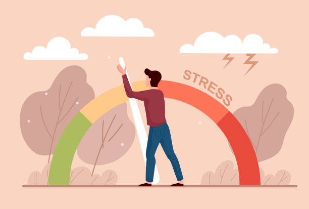 Stress level reduced concept Stress level reduced concept. Man solves problems and gets rid of pressure and depression. Tired, sad employee overcomes difficulties. Cartoon flat vector illustration isolated on pink background spirit level stock illustrations