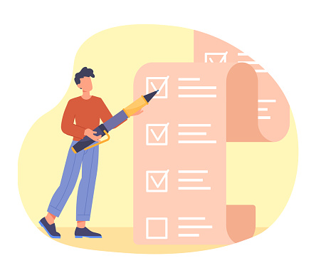 Large list of tasks concept. Man stands next to to do list and notes completed projects. Time management and efficient work. Cartoon modern flat vector illustration isolated on white background