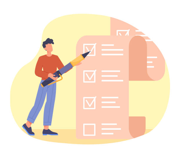 Large list of tasks concept Large list of tasks concept. Man stands next to to do list and notes completed projects. Time management and efficient work. Cartoon modern flat vector illustration isolated on white background preparation stock illustrations