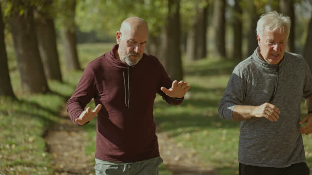 Two senior friends enjoying jogging on sunny autumn day in nature