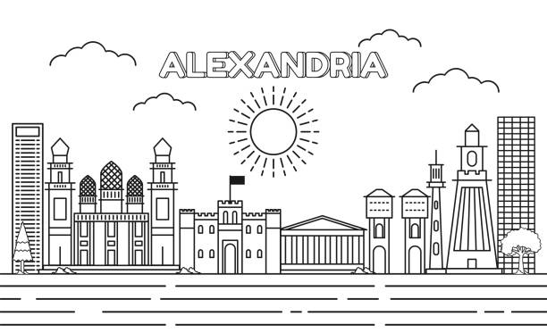 illustrazioni stock, clip art, cartoni animati e icone di tendenza di skyline di alessandria con illustrazione vettoriale in stile line art. vettore di design della città moderna. arabo traducibile : alessandria d'egitto - oman greater masqat fort tourism