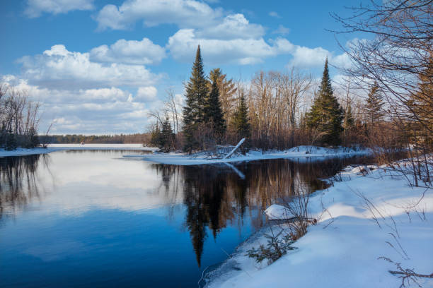 Open lake water ground covered with snow