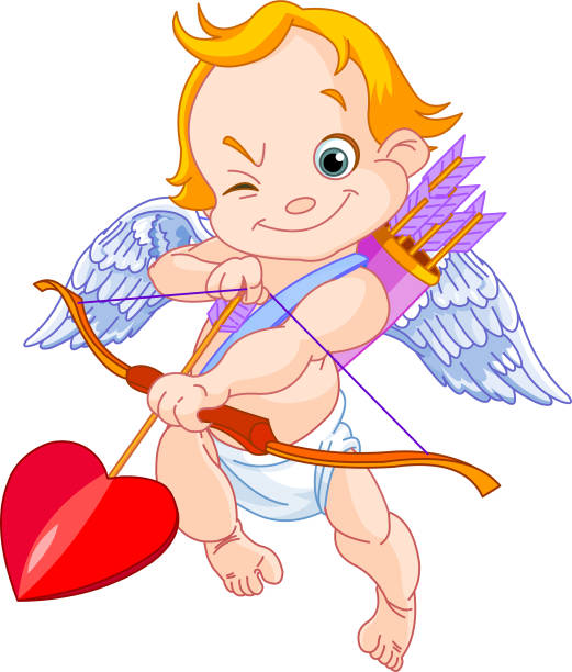 süßer engel mit pfeilen und bogen. valentinstag kartendesign - angel cherub heart shape smiling stock-grafiken, -clipart, -cartoons und -symbole