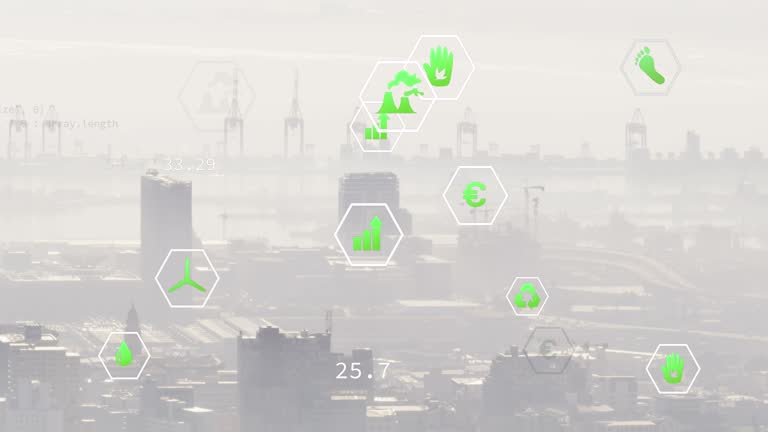 Multiple green energy icons floating against aerial view of cityscape