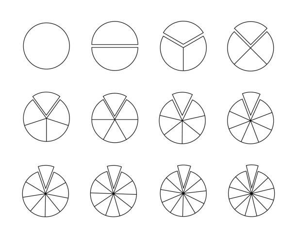 illustrazioni stock, clip art, cartoni animati e icone di tendenza di cerchi segmentati in sezioni da 1 a 12. forme di torta o pizza tagliate a fette uguali in stile contorno. esempi di grafici statistici rotondi isolati su sfondo bianco. illustrazione lineare vettoriale - 5 to 12