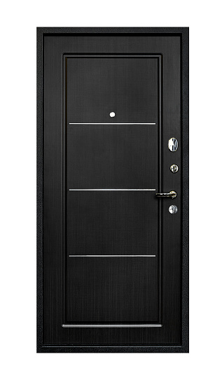 The front metal door to an apartment or house is isolated on a white background. Dark metal door.
