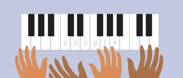 Vector illustration of Hands of a couple on piano keys, Flat vector stock illustration with Hands of two musician as a concept of couples playing on the piano