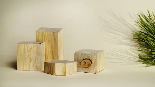 istock Wooden podiums of geometric shape. 1349854780