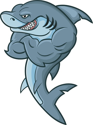 Cartoon angry shark mascot on white background