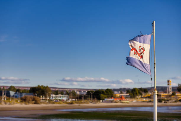 флаг аргентинской валлийской колонии развевается в пуэрто-мадрине, аргентина - welsh culture wales welsh flag dragon стоковые фото и изображения