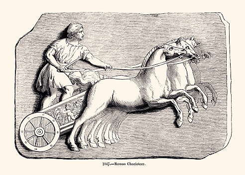 Antique Roman Charioteer with four horses. Chariot racing was one of the most popular ancient Greek, Roman, and Byzantine sports. Vintage engraving circa late 19th century. Digital restoration by Pictore.