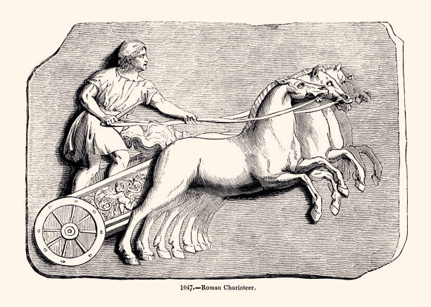 ANTIQUE CHARIOT RACING (XXXL) Antique Roman Charioteer with four horses. Chariot racing was one of the most popular ancient Greek, Roman, and Byzantine sports. Vintage engraving circa late 19th century. Digital restoration by Pictore. ancient roman civilization stock illustrations
