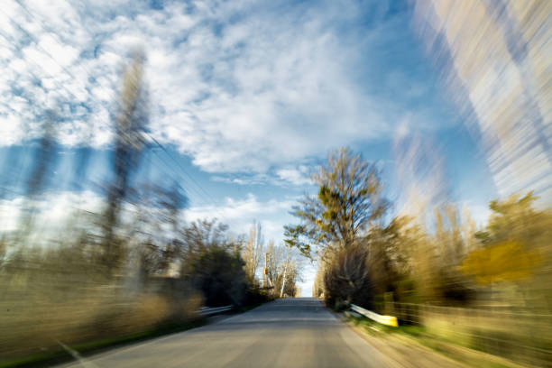 Road view blurred by movement through the windshield of a car in Chubut, Argentina