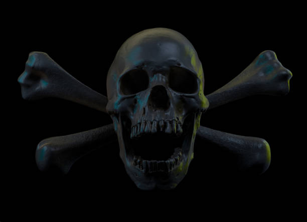 istock Human skull full face on Black in background crossbones. 1349871572