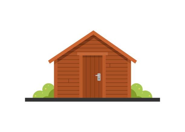 ilustrações, clipart, desenhos animados e ícones de pequeno prédio de cabanas de madeira. ilustração plana simples. - abrigo de jardim
