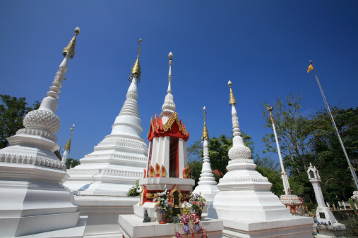 Several styles of Beautiful White Pagodas in Traditional Mon architecture style at Chomphuwek Wat in Nonthaburi Province, Thailand