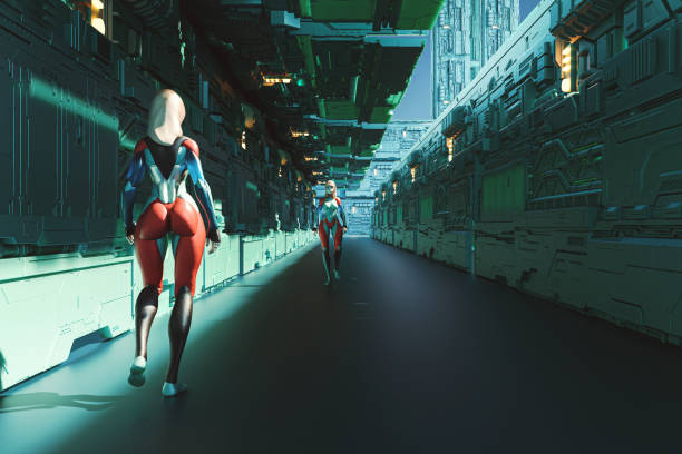 istock Cyborgs walking in futuristic city 1349878652