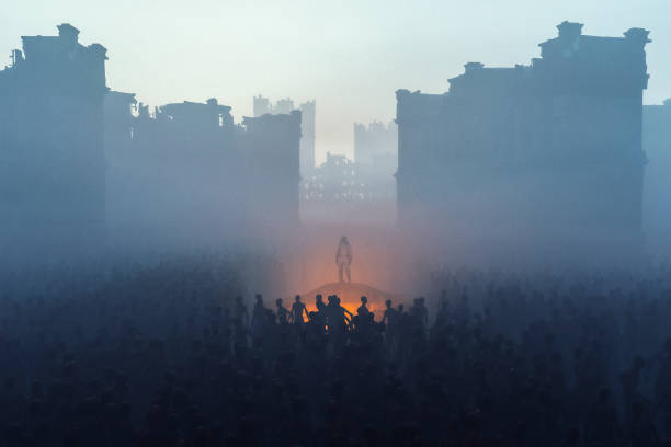 Man standing in crowds of zombies, 3D generated image.