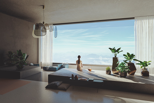 Modern living room with great view. 3D generated image.