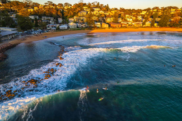 Early morning aerial seascape Sunrise seascape at Avoca Beach on the Central Coast, NSW, Australia. avoca beach photos stock pictures, royalty-free photos & images