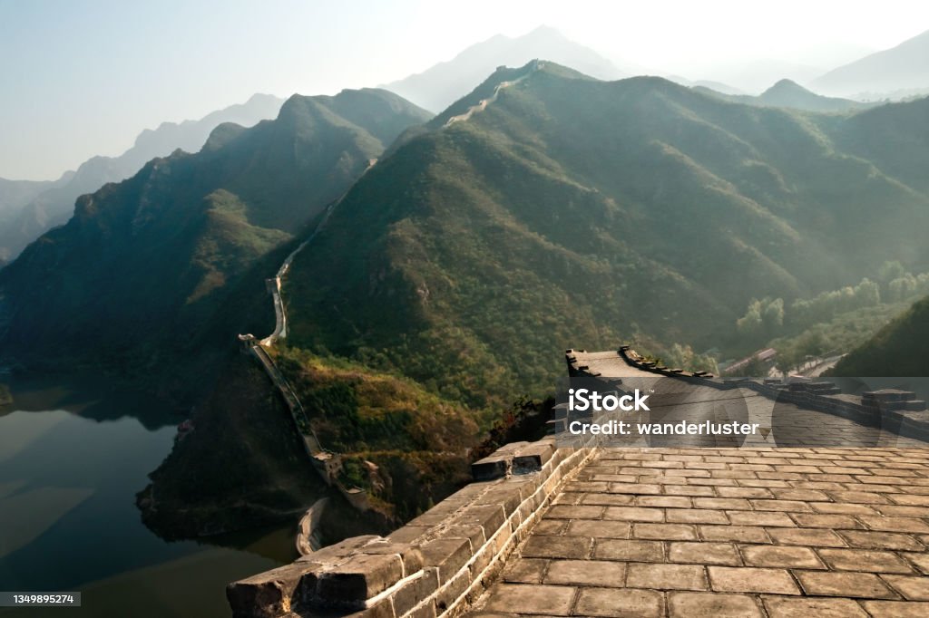 Great Wall of China at Huanghua Cheng (Yellow Flower) with Jintang Lake in background, Xishulyu, Jiuduhe Zhen, Huairou, China Great Wall Of China Stock Photo