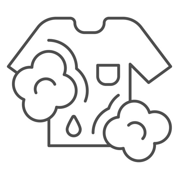istock T shirt washing, foam and water drop thin line icon, dry cleaning concept, stain removal vector sign on white background, outline style icon for mobile concept and web design. Vector graphics. 1349895305
