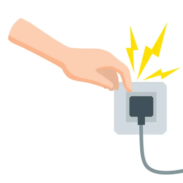 Vector illustration of Electric shock and short circuit. Safety precautions. Hand touches broken socket. High voltage. Dangerous situation. Damaged Electrical wire