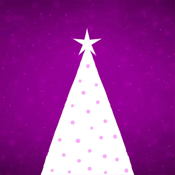 Vector illustration of Glittery Christmas vector horizontal purple or mauve or violet colored backgrounds with a white coloured triangle tree over bright vibrant backdrop and star at the top, and glittery shiny dots all over