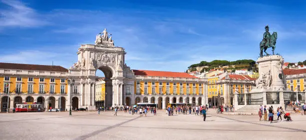 Photo of Famous arch at the Praca do Comercio panorama view in Lisbon, Portugal