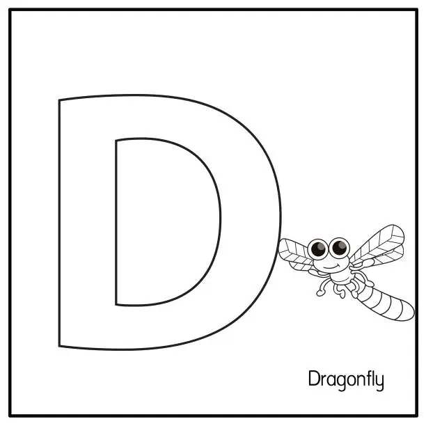 Vector illustration of Vector illustration of Dragonfly with alphabet letter D Upper case or capital letter for children learning practice ABC