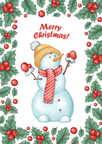 Christmas banner with holly and snowman. Great for holiday cards, invitations, posters, etc