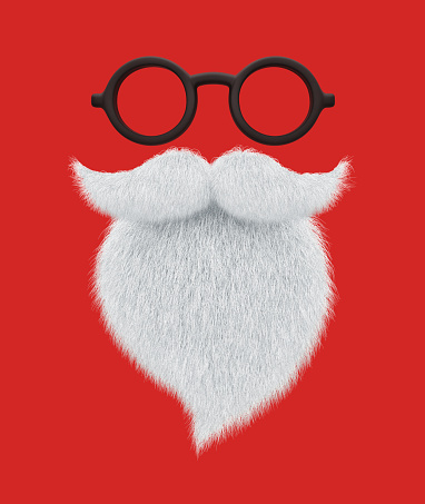Santa's  beard, mustache and black glasses isolated on red background. 3D rendering