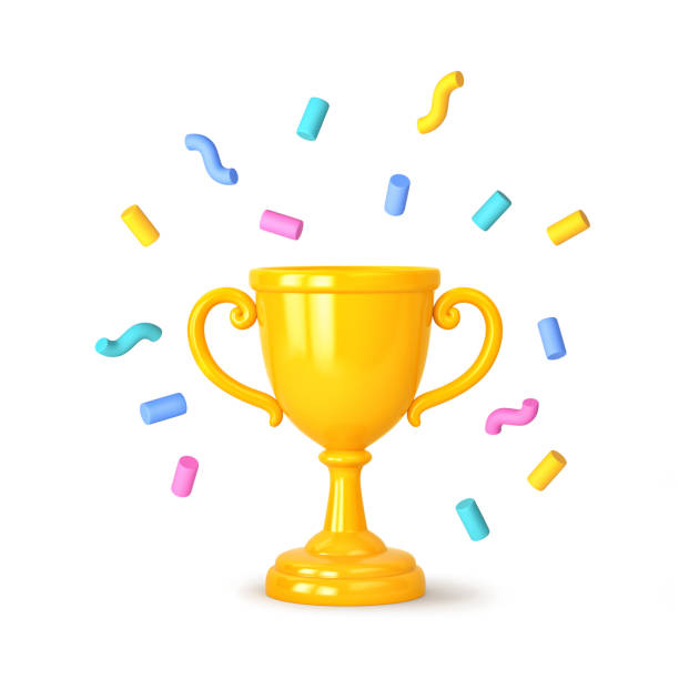 istock Cartoon winners trophy, champion cup with falling confetti isolated on white 1349904839