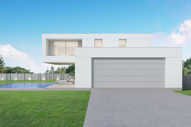 istock 3d rendering of modern house with swimming pool and garage. 1349904876