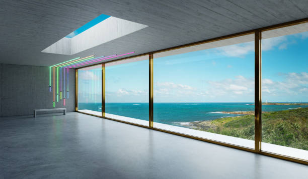 Detail of top part of new, modern house, white background with copy space, full frame horizontal composition
