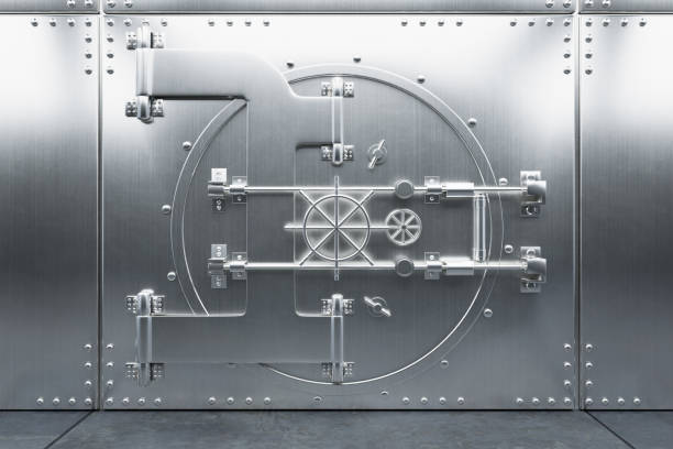 istock Front view of silver metal round vault door 1349905962